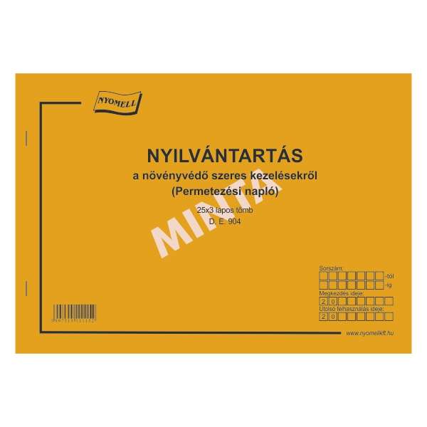 D.E.904/V PERMETEZÉSI NAPLÓ, 25X3 PÉLDÁNYOS, A/4 FEKVŐ