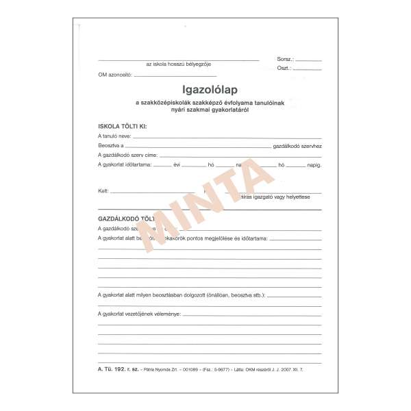 A.TÜ 192 IGAZOLÓ LAP