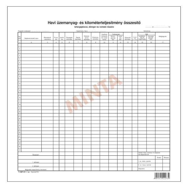T.KPM.251 HAVI ÜZEMANYAG- ÉS KILOMÉTERTELJESÍTMÉNY ÖSSZESÍTŐ (TGK), 297X297 MM