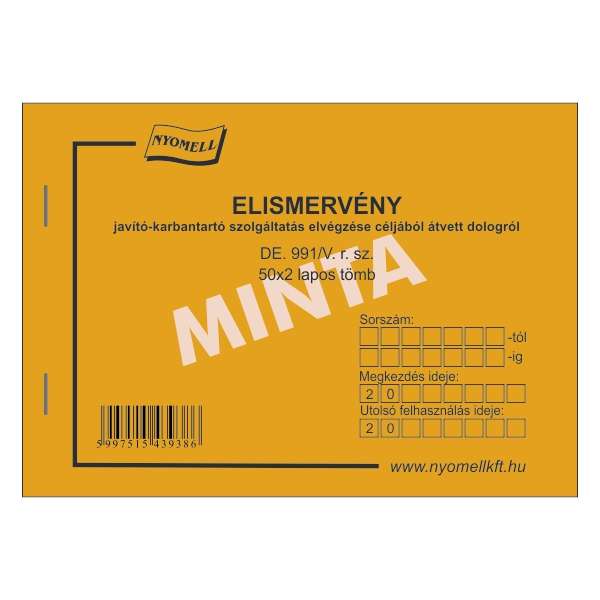 D.E.991/V ÁTVÉTELI ELISMERVÉNY (JÓTÁLLÁSHOZ), 50X2 LAPOS FEKVŐ, A/6