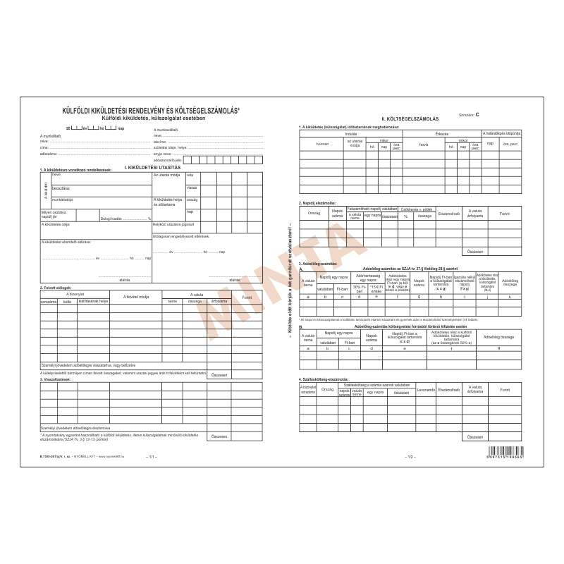 B.7300-261/V/ÚJ KÜLFÖLDI KIKÜLDETÉSI UTASITÁS ÉS KÖLTSÉGELSZÁMOLÁS, 2X2 PÉLDÁNYOS, A/3
