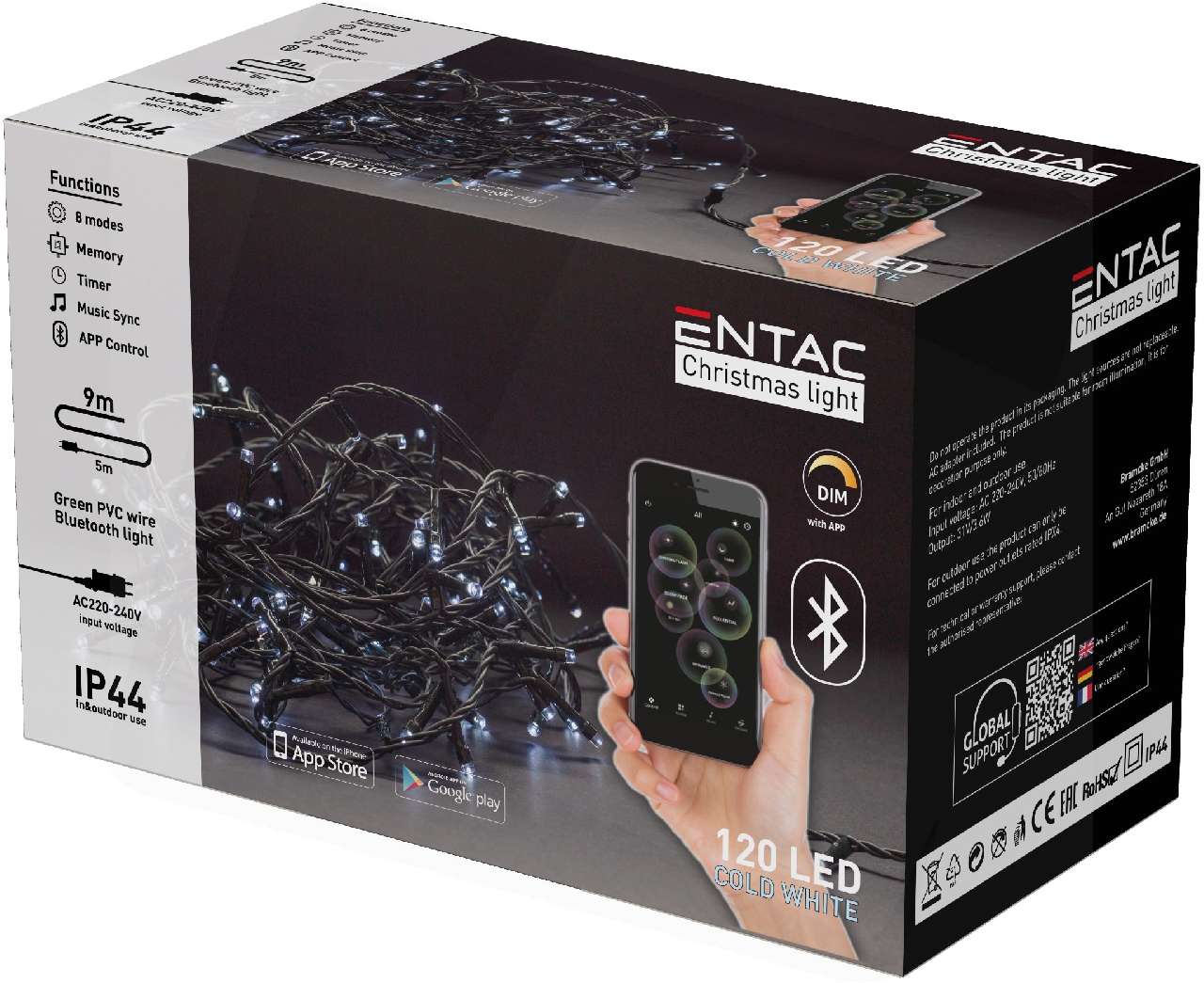 KARÁCSONYI FÉNYSOR, ENTAC KÜL ÉS BELTÉRI, IP44 120 LED CW, 9M APLIKÁCIÓVAL, HIDEG FEHÉR