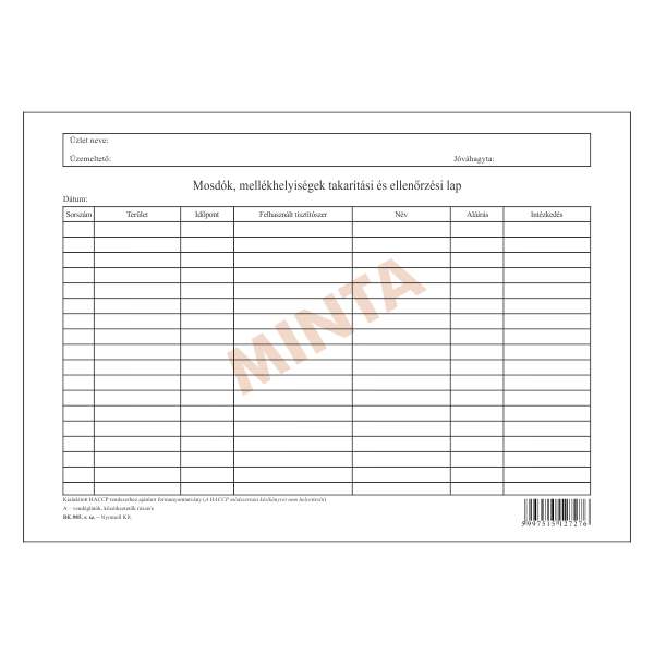 D.E.985 MOSDÓK, MELLÉKHELYISÉGEK TAKARÍTÁSI ÉS ELLENŐRZÉSI LAPJA