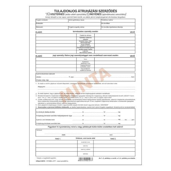A.REND.3/V/2014 TULAJDONJOG ÁTRUHÁZÁSI SZERZŐDÉS, 4 PÉLDÁNYOS, A/4
