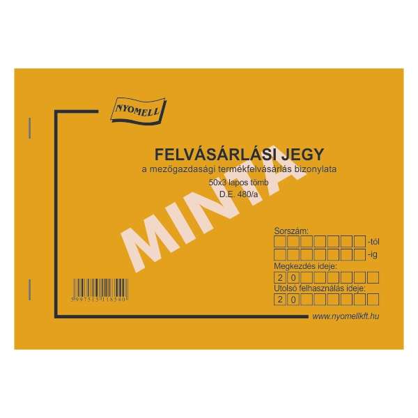 D.E.480/A/V FELVÁSÁRLÁSI JEGY MEZŐGAZDASÁGI, 50X3 LAPOS, A/5