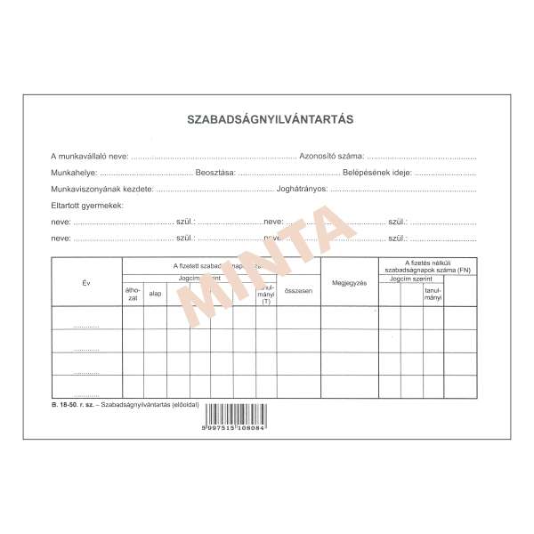 B.18-50 SZABADSÁGNYILVÁNTARTÁS, 150 G/M2 OFSZETKARTON, A/5, 1+1 SZÍN