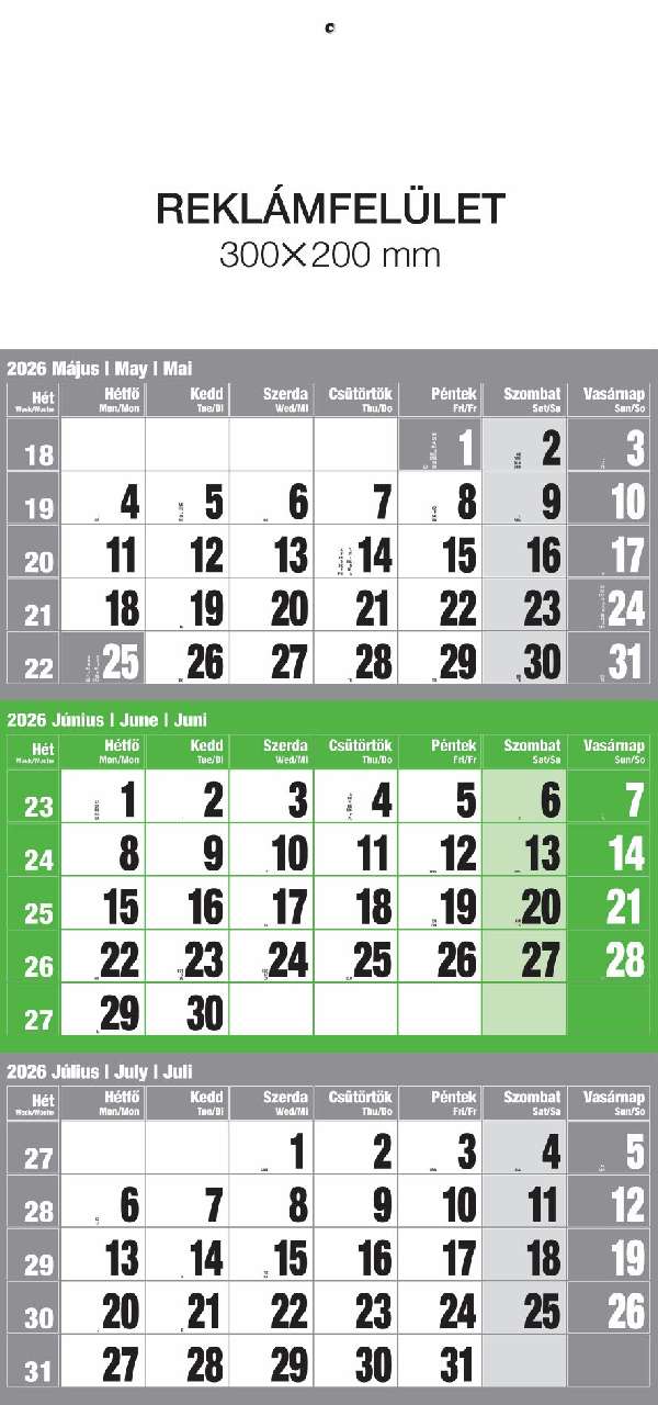 SPEDITŐRNAPTÁR 2026 6061-80, 1 RÉSZES 3 HAVI, 300X680, 12 LAPOS, ÜRES FEJRÉSZ, ZÖLD