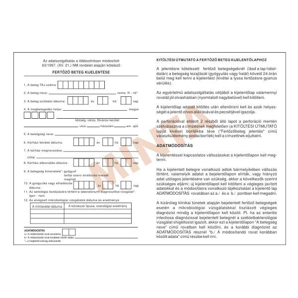 C.3337-20/A/UJ FERTŐZŐ BETEG KIJELENTÉS, 160 G/M2 REGISZTER, A/5, KÖZÉPEN PERFORÁLT